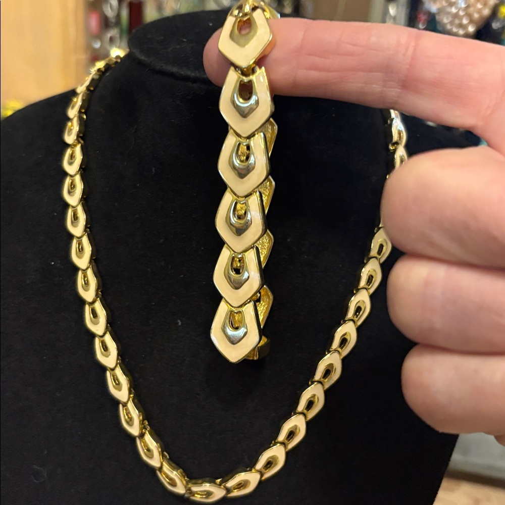 Vintage enamel and gold tone, necklace, and bracelet set